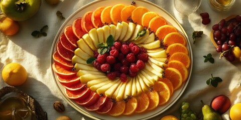 Wall Mural - A fruit platter with oranges, grapefruit, apples, raspberries and mint.