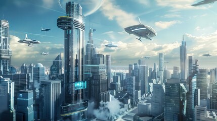 Sticker - Futuristic Cityscape with Flying Vehicles