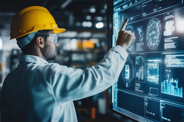 A factory engineer in white coat and yellow safety helmet in a modern factory - Using a large digital touchscreen with finger gestures. Decisionmaking in modern production line.