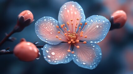 Canvas Print - A single pink and blue flower with dew drops on its petals.