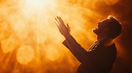 Wall Mural - Christian Praying and Man Shouting to God - Dramatic Contrast of Darkness and Light