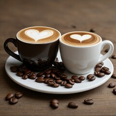 A black and white cups of coffee with heart shape latte art and coffee beans on white plate placed on wooden table, drink and beverage concept