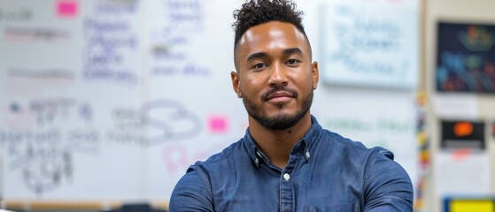 Wall Mural - A man with a beard and curly hair looks confidently at the camera. AI.