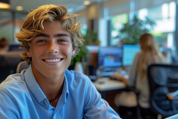 Poster - A young man smiles while sitting at his desk in an office. AI.