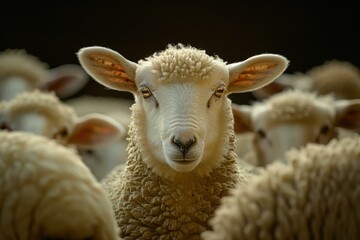 Poster - A sheep stares intently at the camera, surrounded by its flock. AI.