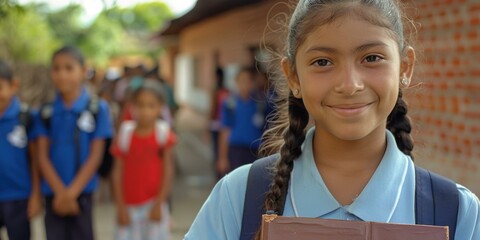 Wall Mural - A young girl smiles as she stands with her classmates. AI.