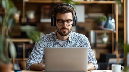 Young man attends webinar or podcast.