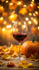 Glass of red wine against the background of warm lights, surrounded by autumn leaves and pumpkin. Autumn mood and cozy Halloween evenings. Concept poster, bar, cafe, party