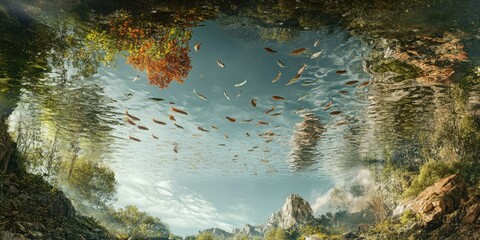 Wall Mural - A reflected sky with clouds, trees, and fish.