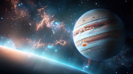 A vibrant illustration depicting a colossal gas giant planet, swirling with vivid bands of atmospheric fluid dynamics, set against a backdrop of distant stars in a cosmic tableau.