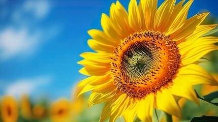 Vivid close-up of a sunflower with a blue sky background perfect for cheerful nature-themed images