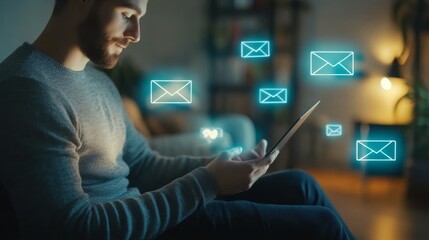 Email in Action: Man Reviewing Electronic Mail with Focus on Digital Communication