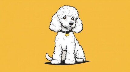 Wall Mural - A cute cartoon illustration of a fluffy white dog sitting against a yellow background.