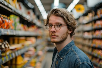 Sticker - A man in glasses standing inside a grocery store aisle. AI.