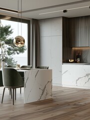 Canvas Print - A modern kitchen with marble counter tops and a dining table. AI.