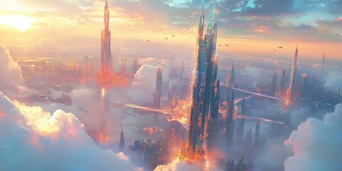 Wall Mural - Futuristic city skyline with sunset and clouds.