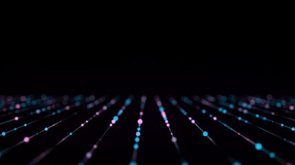 Wall Mural - Abstract grid with blue light on black background. Science background with moving dots and lines. Network connection technology. Digital structure with particles. 3d rendering.