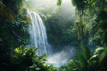 Poster - A breathtaking waterfall cascades through a vibrant rainforest in the Caribbean. Sunlight filters through the dense canopy, illuminating the mist and creating a serene atmosphere.  The scene embodies 