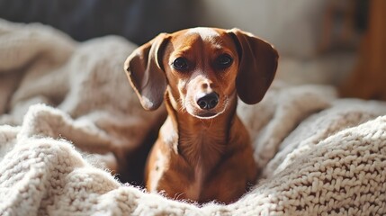 Closeup of an adorable Dachshund dog sitting cozily on a soft plush blanket with copy space for text or design