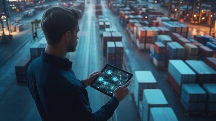 A businessman uses a tablet with a digital network overlay, overseeing a vast container port. The image symbolizes interconnectedness, technology, global trade, logistics, and the future of transporta