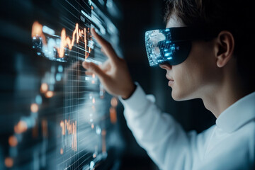 Wall Mural - a man wearing a virtual reality headset is touching a screen with his finger