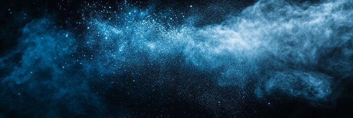 Poster - A captivating image of a blue powder burst frozen in mid-air against a black background. The delicate spray of particles evokes a sense of motion and energy, symbolizing creativity, innovation, and th