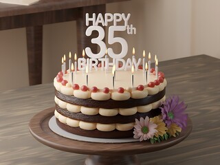 layered cake with happy 35th birthday candles