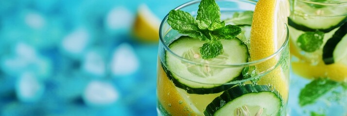 Wall Mural - A close-up of two glasses filled with a refreshing summer beverage. The glasses are filled with sparkling water, cucumber slices, lemon wedges, and fresh mint leaves.  The drink is perfect for a hot s