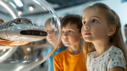 a group of children looking in awe at a flying car on display in a museum, representing the passing 