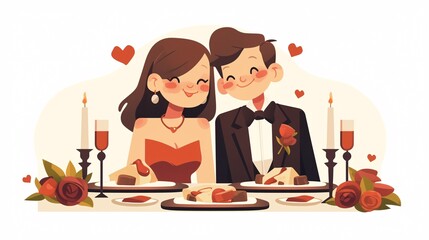 A cartoon candlelit dinner setup with a smiling couple, red roses, and heart-shaped plates, all illustrated on a white background.