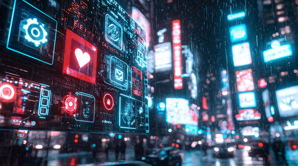 Wall Mural - a cityscape with neon signs and a large screen displaying a heart