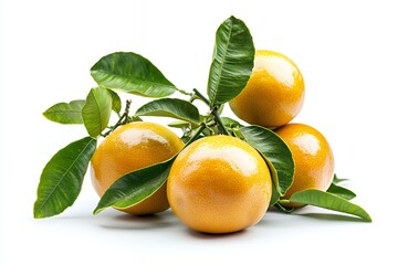 A cluster of shiny oranges with green leaves on a white background.