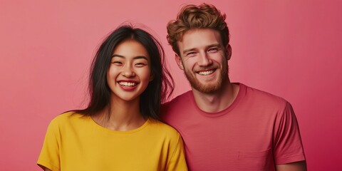 Wall Mural - A man and a woman are smiling at the camera. The woman is wearing a yellow shirt and the man is wearing a pink shirt. Scene is happy and lighthearted