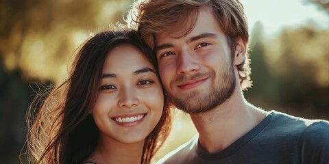 Wall Mural - A man and a woman are smiling at the camera. The man is wearing a black shirt and the woman has long hair