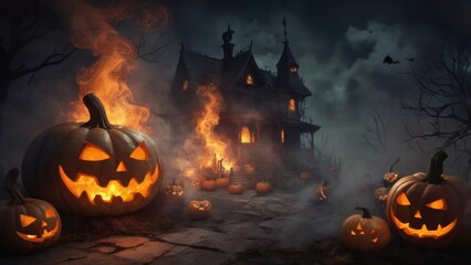 Wall Mural - halloween background with house fire burning in the forest