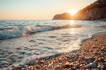 Beautiful natural seashore landscape blending sunset and sea breeze, highlighting the uniqueness of the scene. 3:2 aspect ratio.