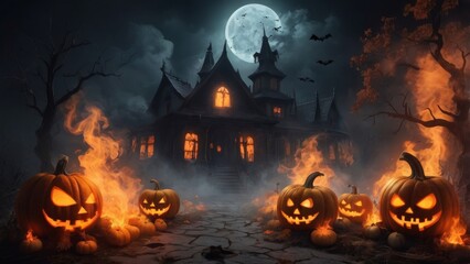 Poster - halloween background with house fire burning in the forest