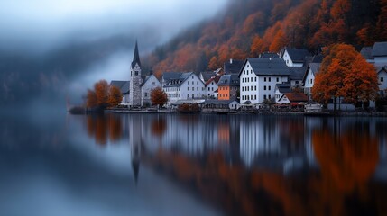 trees turning orange red background lake austrian architecture below buildings town blue deep reflect cottage white lifelike bay