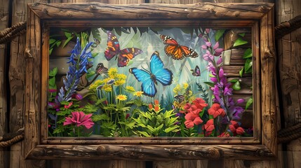 Illustrate a hand-made painting of a vibrant butterfly garden, framed in a rustic wooden mockup on a wall. generative ai