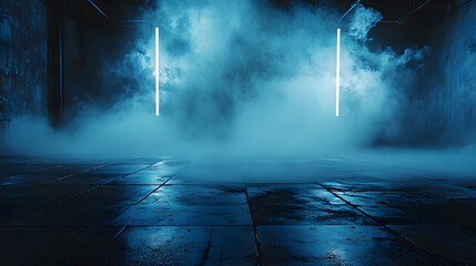 Wall Mural - concrete black fog neon dark asphalt cool smoke concept wet floor lights cement street art 3d backgr