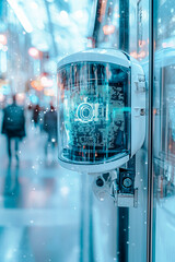 Wall Mural - a futuristic looking device with a blue face is mounted on a wall