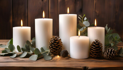 A group of white pillar candles arranged in varying heights on a rustic wooden table