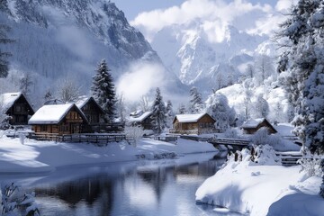 Poster - A serene winter scene featuring a small village nestled in a snowy mountain valley. Charming wooden cabins line the riverbank, reflecting the winter sunlight. The majestic snow-capped mountains in the