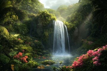 Wall Mural - A serene waterfall cascades down a lush, green cliff face in a tropical rainforest. Sunlight filters through the canopy, illuminating the cascading water and creating a tranquil atmosphere. The vibran