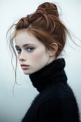 woman bun black sweater cute young redhead girl unusual unique beauty freckled pale skin fashion model face long straight red hair marble blue inspiring