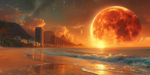 Galactic Copacabana Beach with Planets and Stars: Afrofuturistic Sun Ra Colors with Rolling Ocean and Bright Atmosphere, 2:1 Aspect Ratio