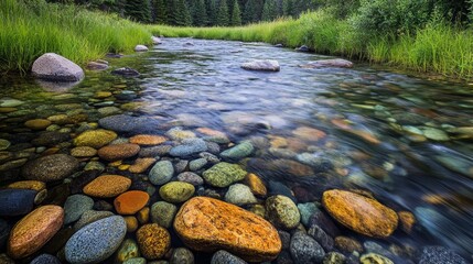 Canvas Print - A tranquil stream with crystal clear water flows gently over smooth, colorful rocks. The surrounding greenery adds to the peaceful and serene atmosphere. This image evokes a sense of calm, tranquility