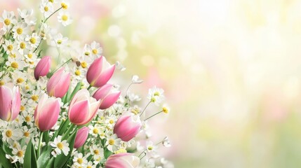 Poster - A vibrant bouquet of pink tulips and white daisies arranged in a beautiful display, with a soft and blurred background.  The flowers symbolize love, new beginnings, hope, and purity.  The copy space a