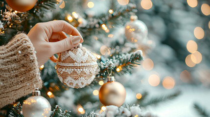 A person is holding a gold and white ornament on a Christmas tree