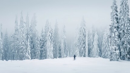 Canvas Print - Snowy Forest in Winter with a lone hiker